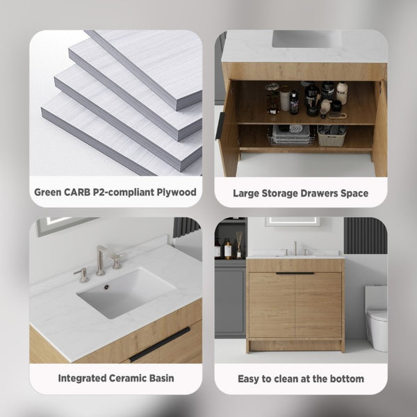 English Elm 24 Inch Freestanding Bathroom Vanity with Cultured Marble Top Soft Close Door Storage Oak Carrara White B2775S00161