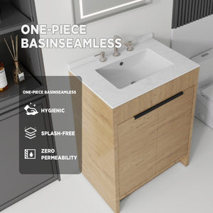 English Elm 24 Inch Freestanding Bathroom Vanity with Cultured Marble Top Soft Close Door Storage Oak Carrara White B2775S00161