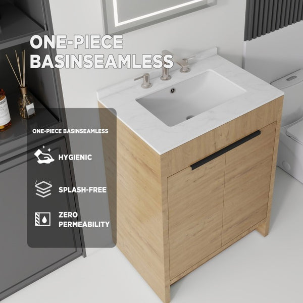 English Elm 24 Inch Freestanding Bathroom Vanity with Cultured Marble Top Soft Close Door Storage Oak Carrara White B2775S00161