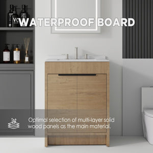 English Elm 24 Inch Freestanding Bathroom Vanity with Cultured Marble Top Soft Close Door Storage Oak Carrara White B2775S00161