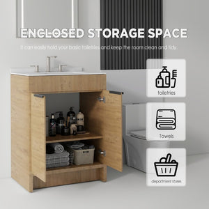 English Elm 24 Inch Freestanding Bathroom Vanity with Cultured Marble Top Soft Close Door Storage Oak Carrara White B2775S00161