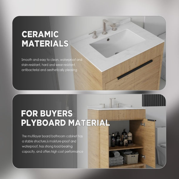 English Elm 24 Inch Freestanding Bathroom Vanity with Cultured Marble Top Soft Close Door Storage Oak Carrara White B2775S00161