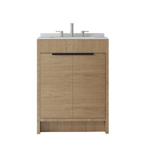 English Elm 24 Inch Freestanding Bathroom Vanity with Cultured Marble Top Soft Close Door Storage Oak Carrara White B2775S00161