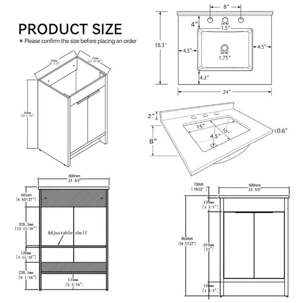 English Elm 24 Inch Freestanding Bathroom Vanity with Cultured Marble Top Soft Close Door Storage Oak Carrara White B2775S00161