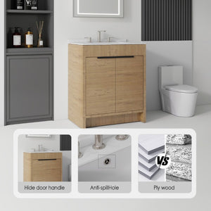 English Elm 24 Inch Freestanding Bathroom Vanity with Cultured Marble Top Soft Close Door Storage Oak Carrara White B2775S00161