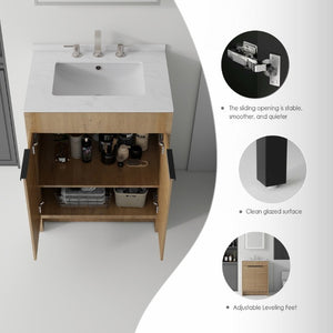 English Elm 24 Inch Freestanding Bathroom Vanity with Cultured Marble Top Soft Close Door Storage Oak Carrara White B2775S00161