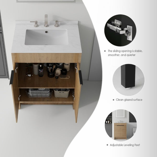 English Elm 24 Inch Freestanding Bathroom Vanity with Cultured Marble Top Soft Close Door Storage Oak Carrara White B2775S00161