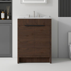 English Elm 24 Inch Freestanding Bathroom Vanity with Cultured Marble Top Soft Close Door Storage Brown Carrara White B2775S00162
