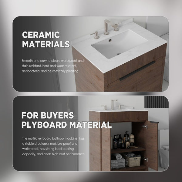 English Elm 24 Inch Freestanding Bathroom Vanity with Cultured Marble Top Soft Close Door Storage Brown Carrara White B2775S00162