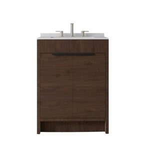 English Elm 24 Inch Freestanding Bathroom Vanity with Cultured Marble Top Soft Close Door Storage Brown Carrara White B2775S00162