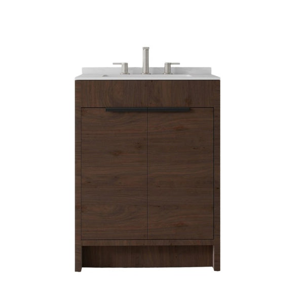 English Elm 24 Inch Freestanding Bathroom Vanity with Cultured Marble Top Soft Close Door Storage Brown Carrara White B2775S00162