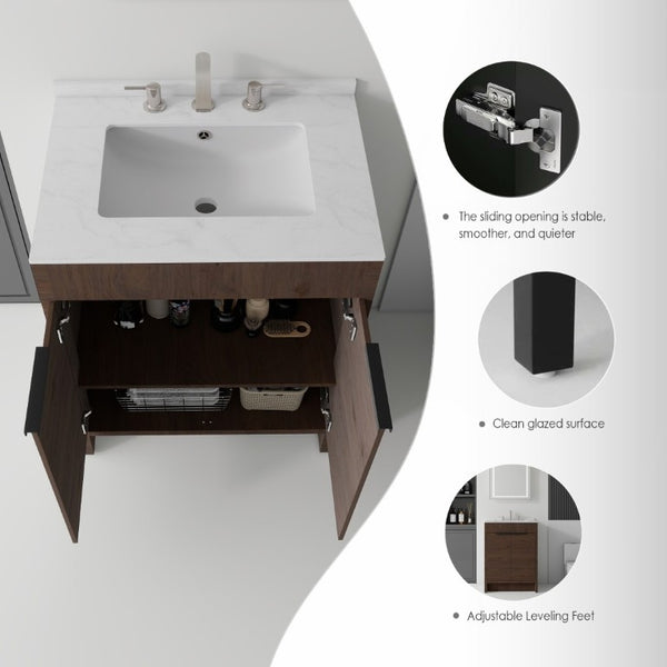 English Elm 24 Inch Freestanding Bathroom Vanity with Cultured Marble Top Soft Close Door Storage Brown Carrara White B2775S00162