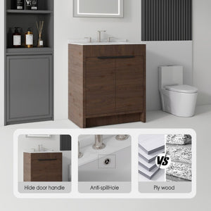 English Elm 24 Inch Freestanding Bathroom Vanity with Cultured Marble Top Soft Close Door Storage Brown Carrara White B2775S00162