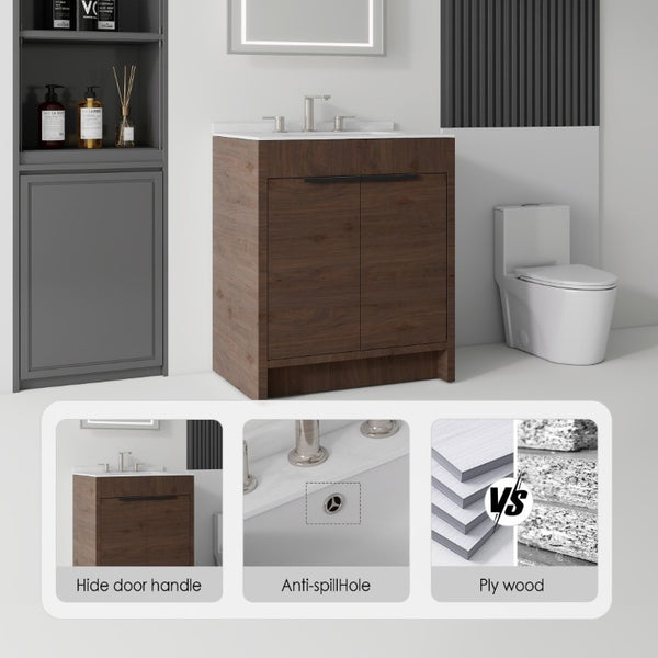 English Elm 24 Inch Freestanding Bathroom Vanity with Cultured Marble Top Soft Close Door Storage Brown Carrara White B2775S00162
