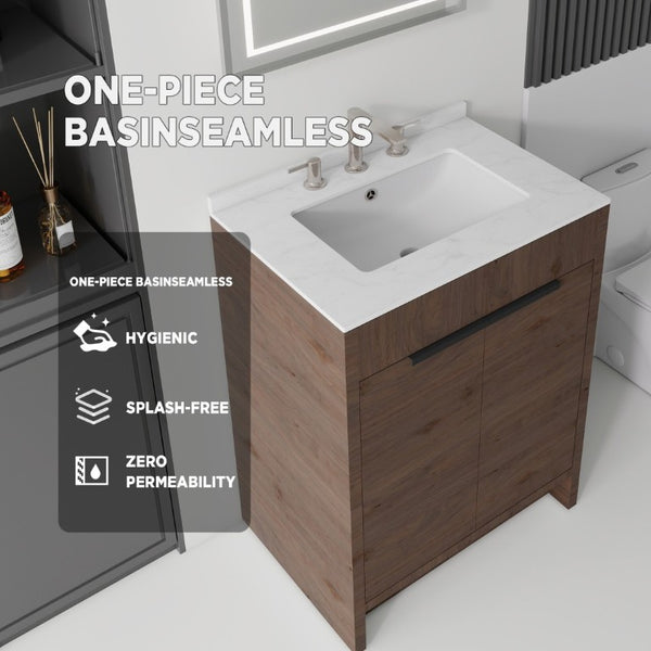 English Elm 24 Inch Freestanding Bathroom Vanity with Cultured Marble Top Soft Close Door Storage Brown Carrara White B2775S00162
