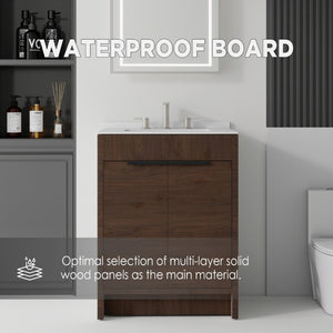 English Elm 24 Inch Freestanding Bathroom Vanity with Cultured Marble Top Soft Close Door Storage Brown Carrara White B2775S00162