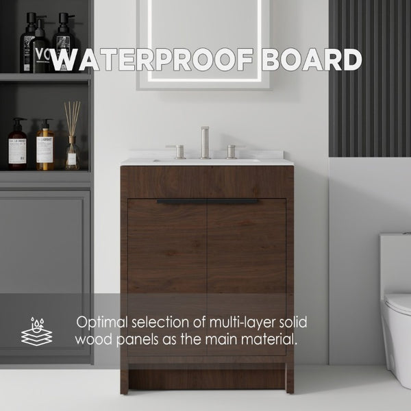 English Elm 24 Inch Freestanding Bathroom Vanity with Cultured Marble Top Soft Close Door Storage Brown Carrara White B2775S00162