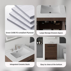 English Elm 24 Inch Freestanding Bathroom Vanity with Cultured Marble Top Soft Close Door Storage Brown Carrara White B2775S00162