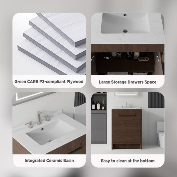 English Elm 24 Inch Freestanding Bathroom Vanity with Cultured Marble Top Soft Close Door Storage Brown Carrara White B2775S00162
