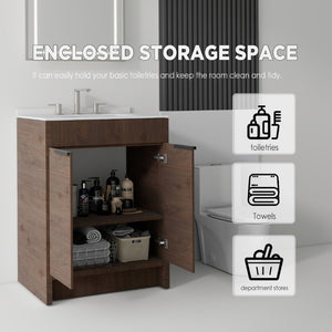 English Elm 24 Inch Freestanding Bathroom Vanity with Cultured Marble Top Soft Close Door Storage Brown Carrara White B2775S00162