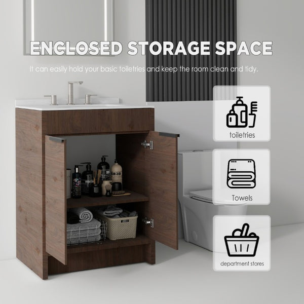 English Elm 24 Inch Freestanding Bathroom Vanity with Cultured Marble Top Soft Close Door Storage Brown Carrara White B2775S00162