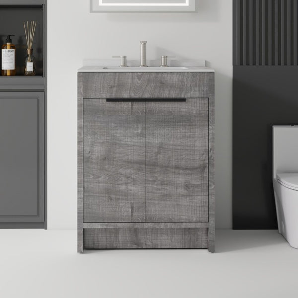 English Elm 24 Inch Freestanding Bathroom Vanity with Cultured Marble Top Soft Close Door Storage Grey Granite White B2775S00163
