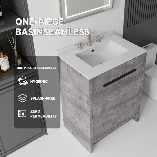English Elm 24 Inch Freestanding Bathroom Vanity with Cultured Marble Top Soft Close Door Storage Grey Granite White B2775S00163