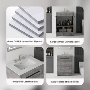 English Elm 24 Inch Freestanding Bathroom Vanity with Cultured Marble Top Soft Close Door Storage Grey Granite White B2775S00163