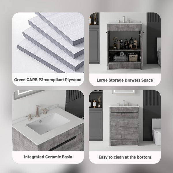 English Elm 24 Inch Freestanding Bathroom Vanity with Cultured Marble Top Soft Close Door Storage Grey Granite White B2775S00163