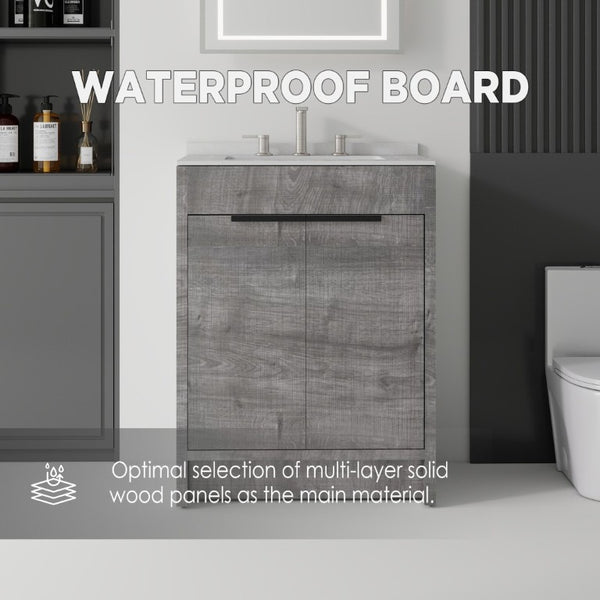 English Elm 24 Inch Freestanding Bathroom Vanity with Cultured Marble Top Soft Close Door Storage Grey Granite White B2775S00163