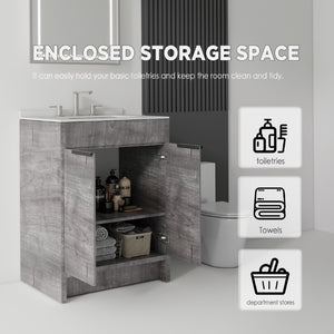 English Elm 24 Inch Freestanding Bathroom Vanity with Cultured Marble Top Soft Close Door Storage Grey Granite White B2775S00163