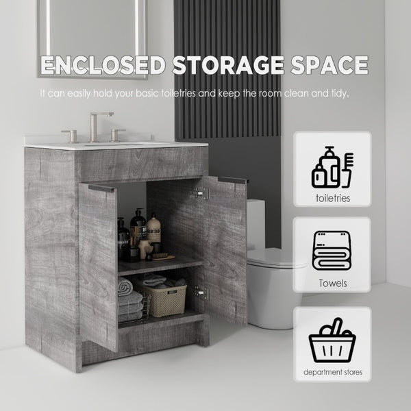 English Elm 24 Inch Freestanding Bathroom Vanity with Cultured Marble Top Soft Close Door Storage Grey Granite White B2775S00163