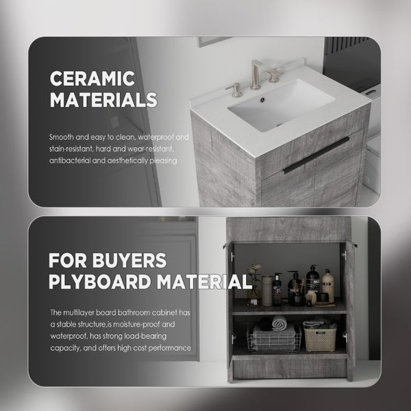 English Elm 24 Inch Freestanding Bathroom Vanity with Cultured Marble Top Soft Close Door Storage Grey Granite White B2775S00163
