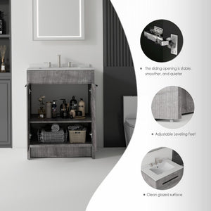 English Elm 24 Inch Freestanding Bathroom Vanity with Cultured Marble Top Soft Close Door Storage Grey Granite White B2775S00163