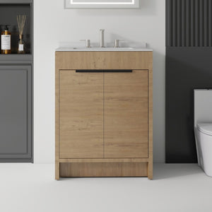 English Elm 24 Inch Freestanding Bathroom Vanity with Cultured Marble Top Soft Close Door Storage Oak Granite White B2775S00164