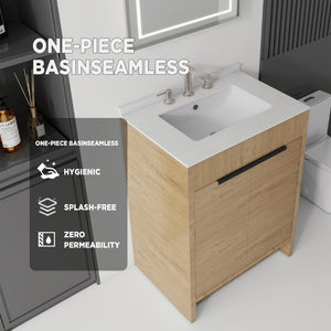 English Elm 24 Inch Freestanding Bathroom Vanity with Cultured Marble Top Soft Close Door Storage Oak Granite White B2775S00164