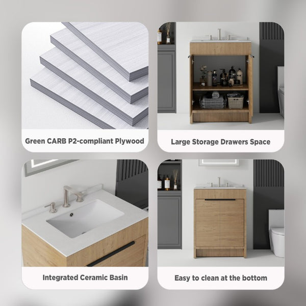 English Elm 24 Inch Freestanding Bathroom Vanity with Cultured Marble Top Soft Close Door Storage Oak Granite White B2775S00164