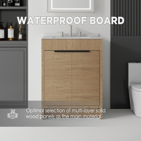 English Elm 24 Inch Freestanding Bathroom Vanity with Cultured Marble Top Soft Close Door Storage Oak Granite White B2775S00164