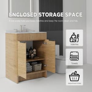 English Elm 24 Inch Freestanding Bathroom Vanity with Cultured Marble Top Soft Close Door Storage Oak Granite White B2775S00164