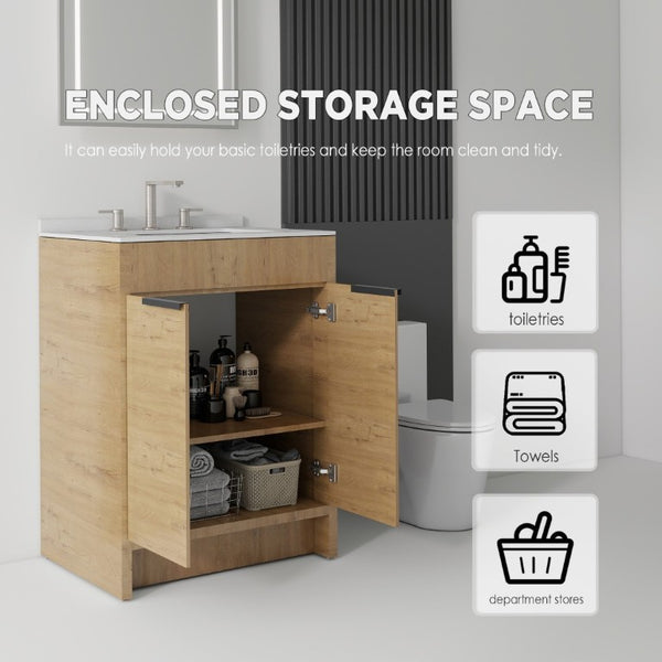 English Elm 24 Inch Freestanding Bathroom Vanity with Cultured Marble Top Soft Close Door Storage Oak Granite White B2775S00164