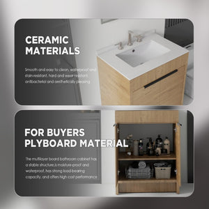 English Elm 24 Inch Freestanding Bathroom Vanity with Cultured Marble Top Soft Close Door Storage Oak Granite White B2775S00164