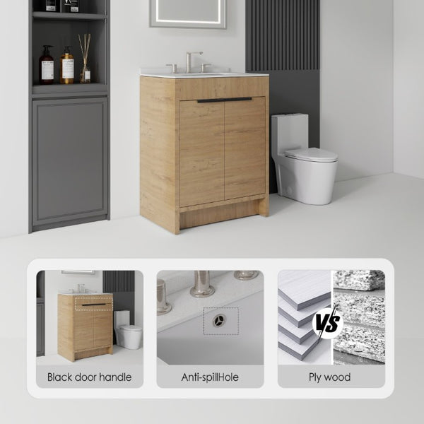 English Elm 24 Inch Freestanding Bathroom Vanity with Cultured Marble Top Soft Close Door Storage Oak Granite White B2775S00164