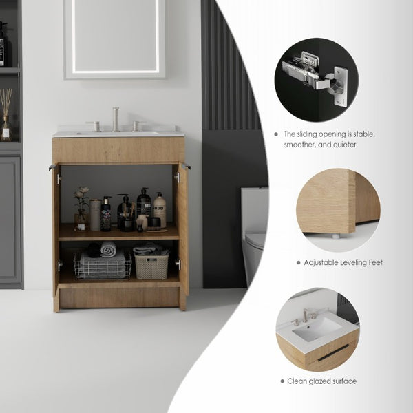 English Elm 24 Inch Freestanding Bathroom Vanity with Cultured Marble Top Soft Close Door Storage Oak Granite White B2775S00164