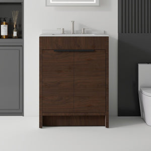 English Elm 24 Inch Freestanding Bathroom Vanity with Cultured Marble Top Soft Close Door Storage Brown Granite White B2775S00165