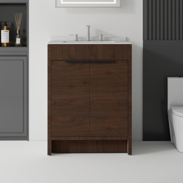 English Elm 24 Inch Freestanding Bathroom Vanity with Cultured Marble Top Soft Close Door Storage Brown Granite White B2775S00165