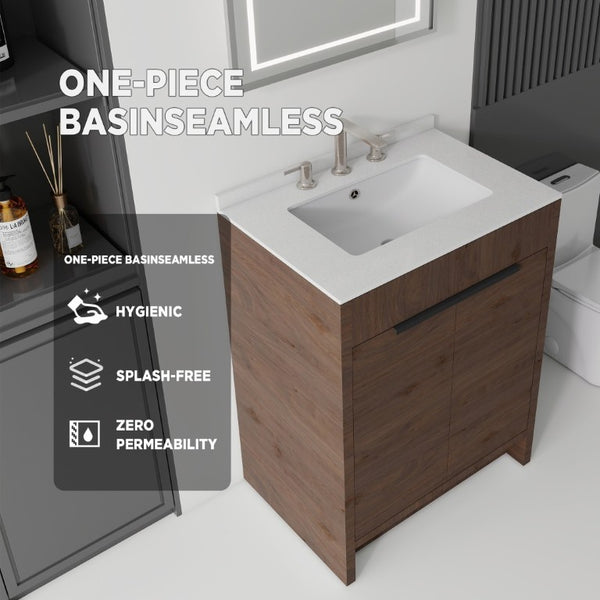 English Elm 24 Inch Freestanding Bathroom Vanity with Cultured Marble Top Soft Close Door Storage Brown Granite White B2775S00165