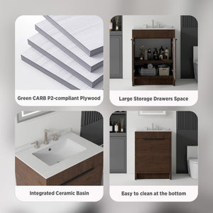 English Elm 24 Inch Freestanding Bathroom Vanity with Cultured Marble Top Soft Close Door Storage Brown Granite White B2775S00165