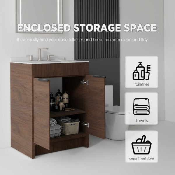 English Elm 24 Inch Freestanding Bathroom Vanity with Cultured Marble Top Soft Close Door Storage Brown Granite White B2775S00165