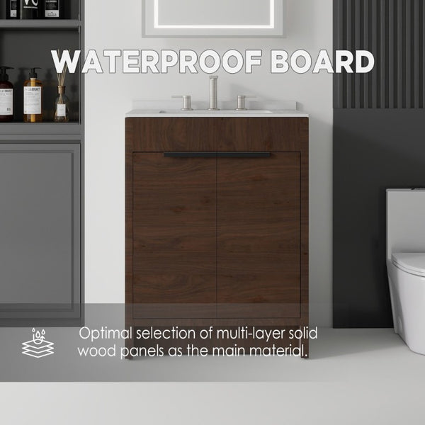 English Elm 24 Inch Freestanding Bathroom Vanity with Cultured Marble Top Soft Close Door Storage Brown Granite White B2775S00165
