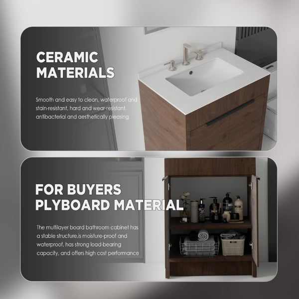 English Elm 24 Inch Freestanding Bathroom Vanity with Cultured Marble Top Soft Close Door Storage Brown Granite White B2775S00165